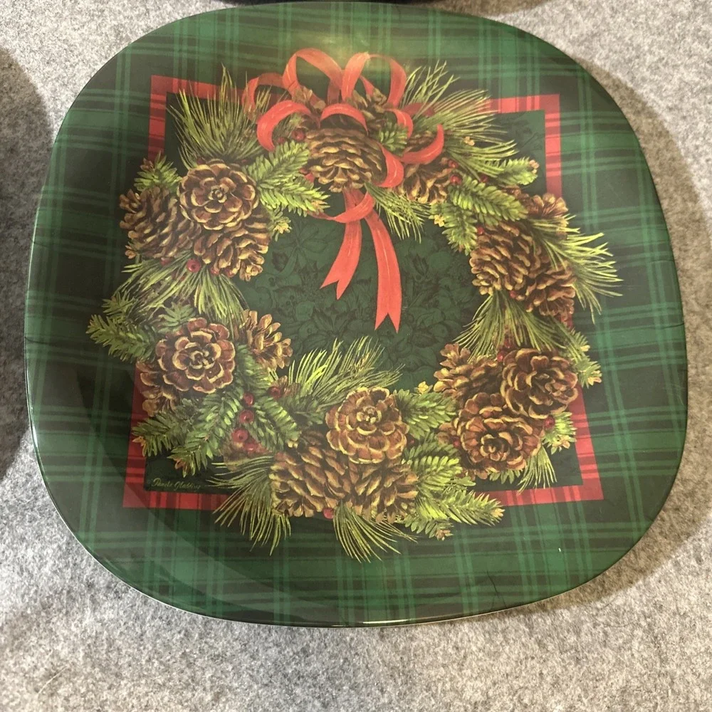 Vintage Keller-Charles Set Of 5 Holiday  Melamine  Plates Christmas Wreath